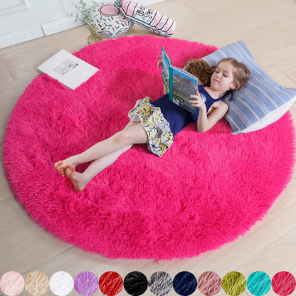 Pink Round Area Rugs 6Ft for Bedroom Living Room, Big Fluffy Shag Circle Rug for Kids Playroom, Cute Preppy Room Decor for Teen Girls, Cozy Fuzzy Furry Plush Carpets for Baby Nursery, Dorm, Classroom