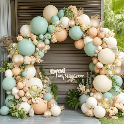 Sage Green Pink Balloon Arch Kit, Olive Green Light Pink Sand White Blush Metallic Gold Balloons with Gold Confetti Balloons for Girl Birthday Woodland Baby Shower Jungle Safari Decorations