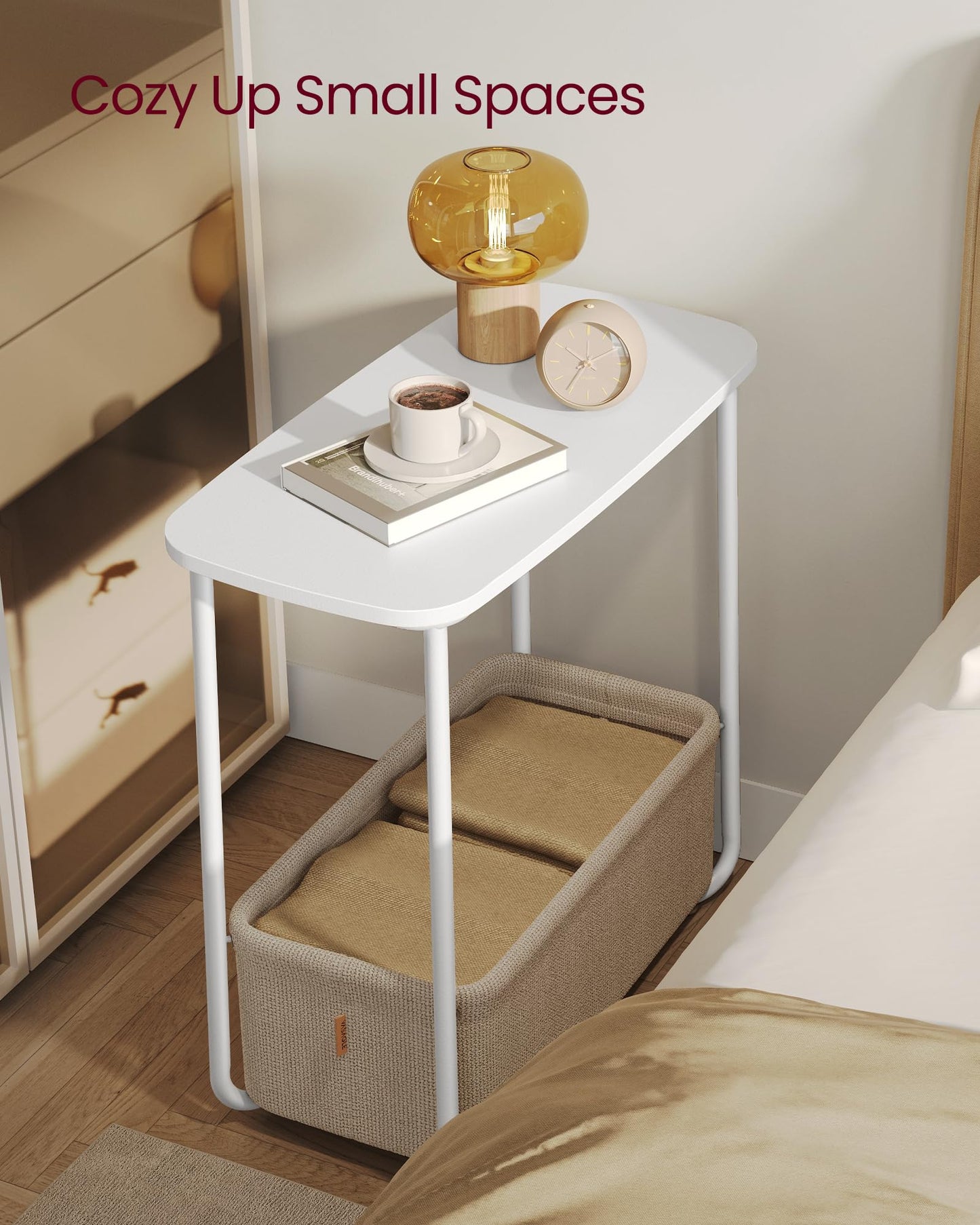 VASAGLE End Table, Small Bedside Table with Fabric Basket, Modern Nightstand, Round Side Table, for Living Room, Bedroom, Matte White and Camel Brown ULET223W10