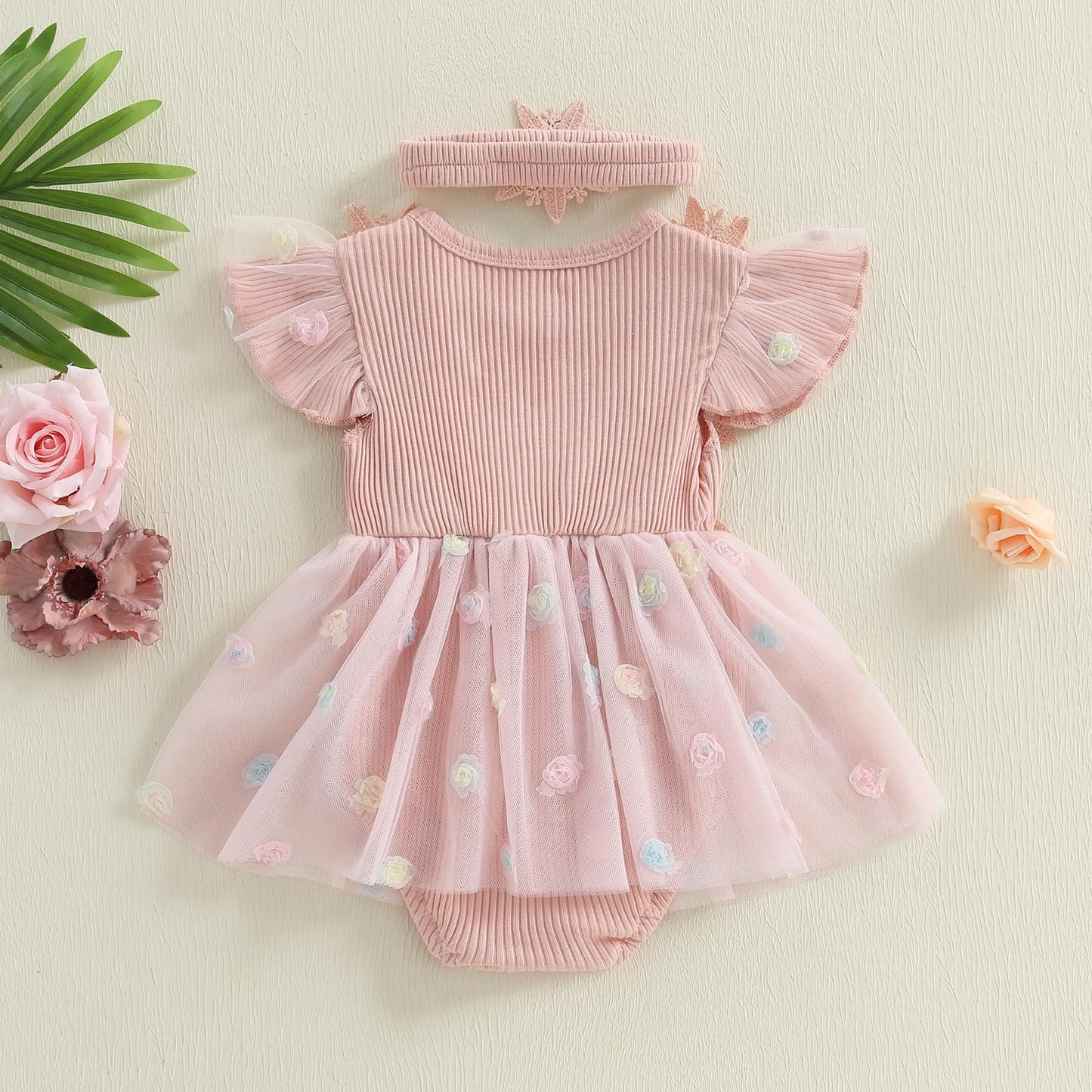 Hnyenmcko Newborn Baby Girl Summer Romper Dress Infant Fly Sleeve Flower Embroidery Mesh Tulle Skirt Hem Ribbed Bodysuit