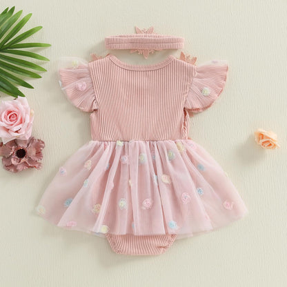 Hnyenmcko Newborn Baby Girl Summer Romper Dress Infant Fly Sleeve Flower Embroidery Mesh Tulle Skirt Hem Ribbed Bodysuit