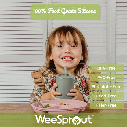 WeeSprout Silicone Baby Cups With Straws and Lids, 4 & 8 oz Options, Set of 2, Food Grade Toddler Training Container, Built In Straw Stoppers, Measurement Markings, Dishwasher Safe + Straw Cleaner