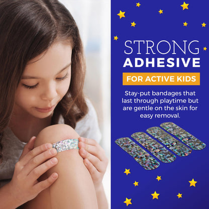 Glitter Bandages for Kids -(100 Count Box) Adhesive Bandage Strips w/Colorful Glitter Design & Latex-Free Individually Wrapped Strips for First Aid, Wound Care, Minor Cuts, Scrapes