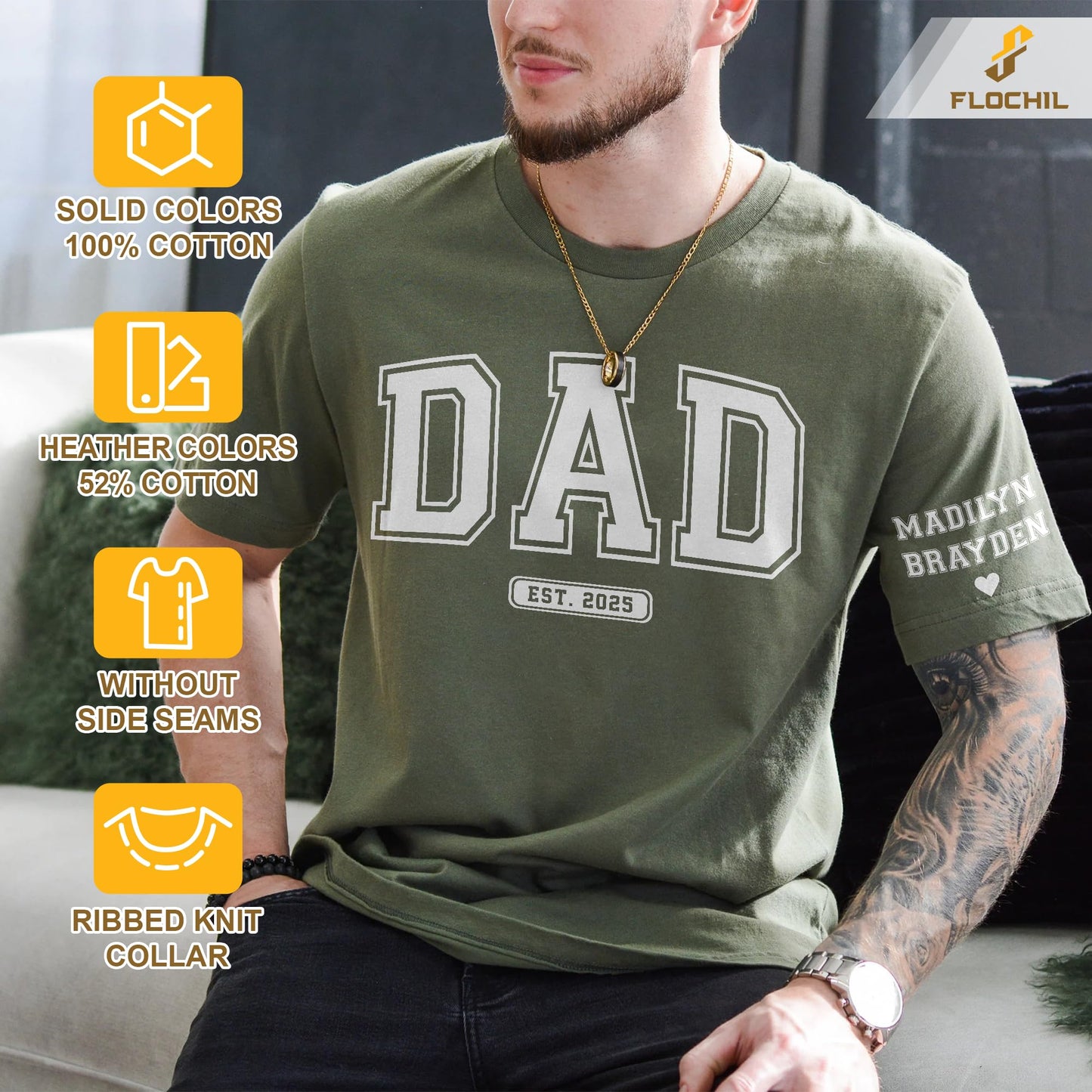 FLOCHIL Personalized Fathers Day Shirts with Kids Name, Custom Dad Shirts for Men, Gifts for Dad, Fathers Day, Christmas