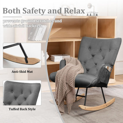 Rocking Chair for Nursery, Comfy Velvet Fabric Glider Rocker, Reading Chair with Support Seating and Side Pockets, Rocking Recliner Chair for Living Room, Bedroom, Balcony, Creamy Beige