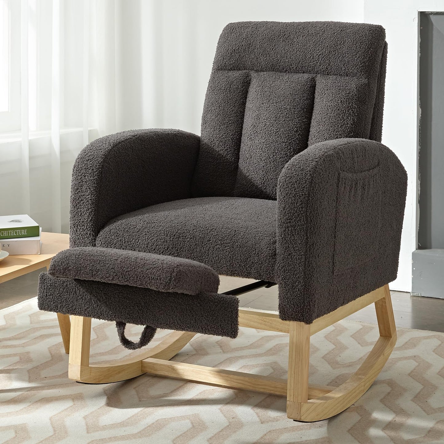 NIOIIKIT Modern Nursery Rocking Chair, Teddy Upholstered Rocking Chair with Footrest, Comfortable Glider Rocker with Side Pocket for Living Room, Bedroom, Nursing Room (Beige)