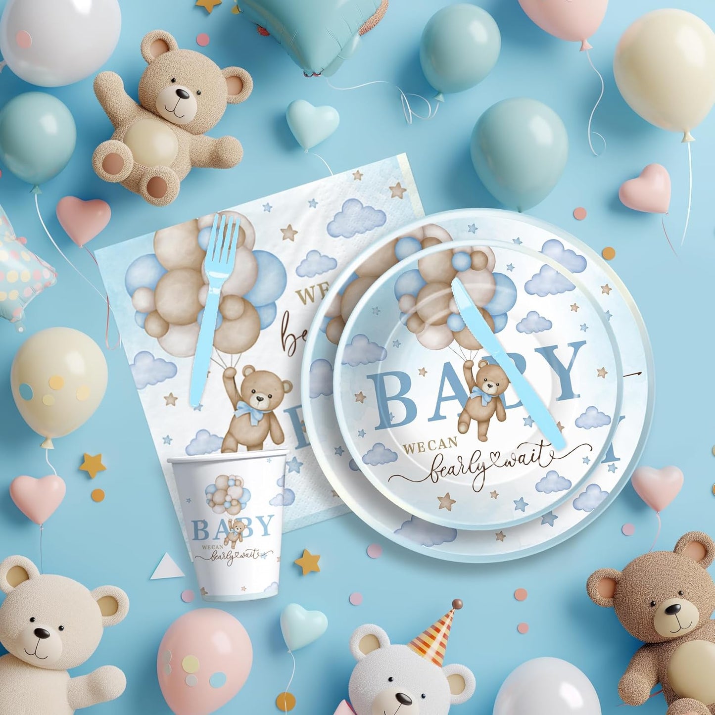 Bear Baby Shower Decorations Party Tableware Boy - Blue Bear We Can Bearly Wait Baby Shower Decorations Supplies, Paper Plates and Napkins Set, Cup, Disposable Forks, 24 Guests