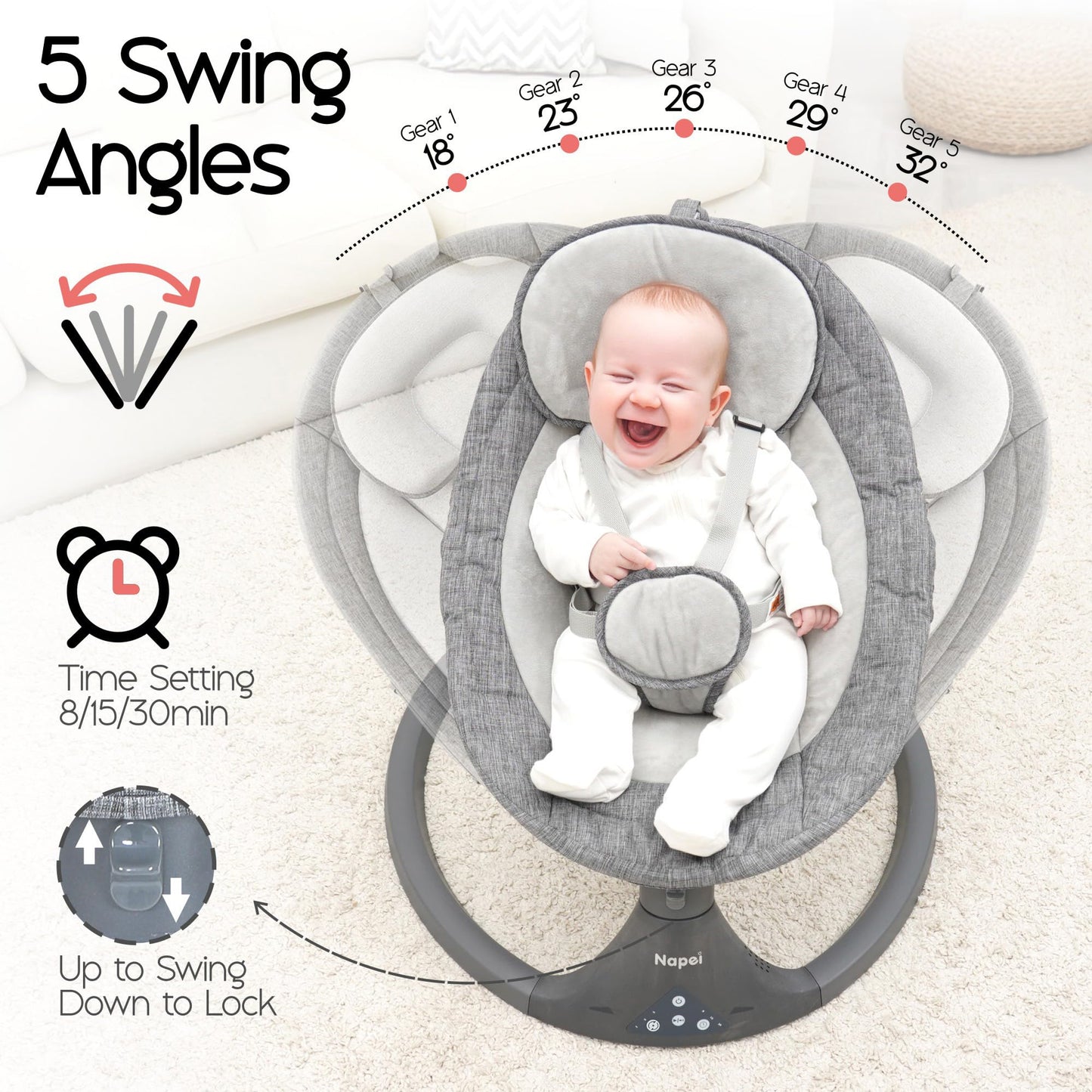 Baby Swings for Infants to Toddler, Electric Baby Swing and Infant Swings for Newborn, 10 Music with Remote Control and Bluetooth, 5 Swing Angles with Gentle Speed, 2 Seat Position, 0-9 Month (Gray)