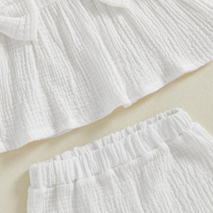 Kupretty Toddler Girl Summer Clothes Baby Solid Linen Outfit Bows Ruffle Tank Tops Shirts + Ruffled Short Set