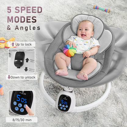 T TICCI Baby Swings for Infants, Smart Portable Baby Swing for Newborn, Bluetooth Infant Swing with Music Speaker, Remote Control Indoor Rocker with 5 Sway Speeds, 0-6 Months, Pink