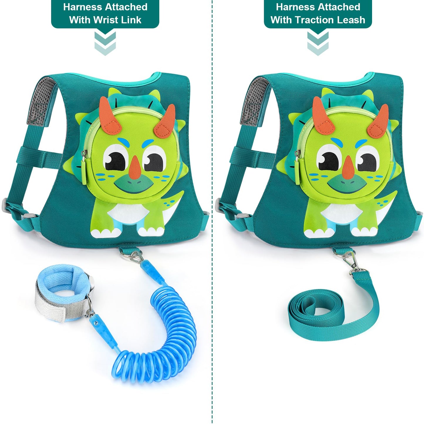 Toddler Harness Leash with Anti Lost Wrist Link, Accmor Kids Dinosaur Harnesses Leashes, Cute Triceratops Kids Walking Wristband Assistant Strap Belt for Parent Baby Boys Outdoor Activity
