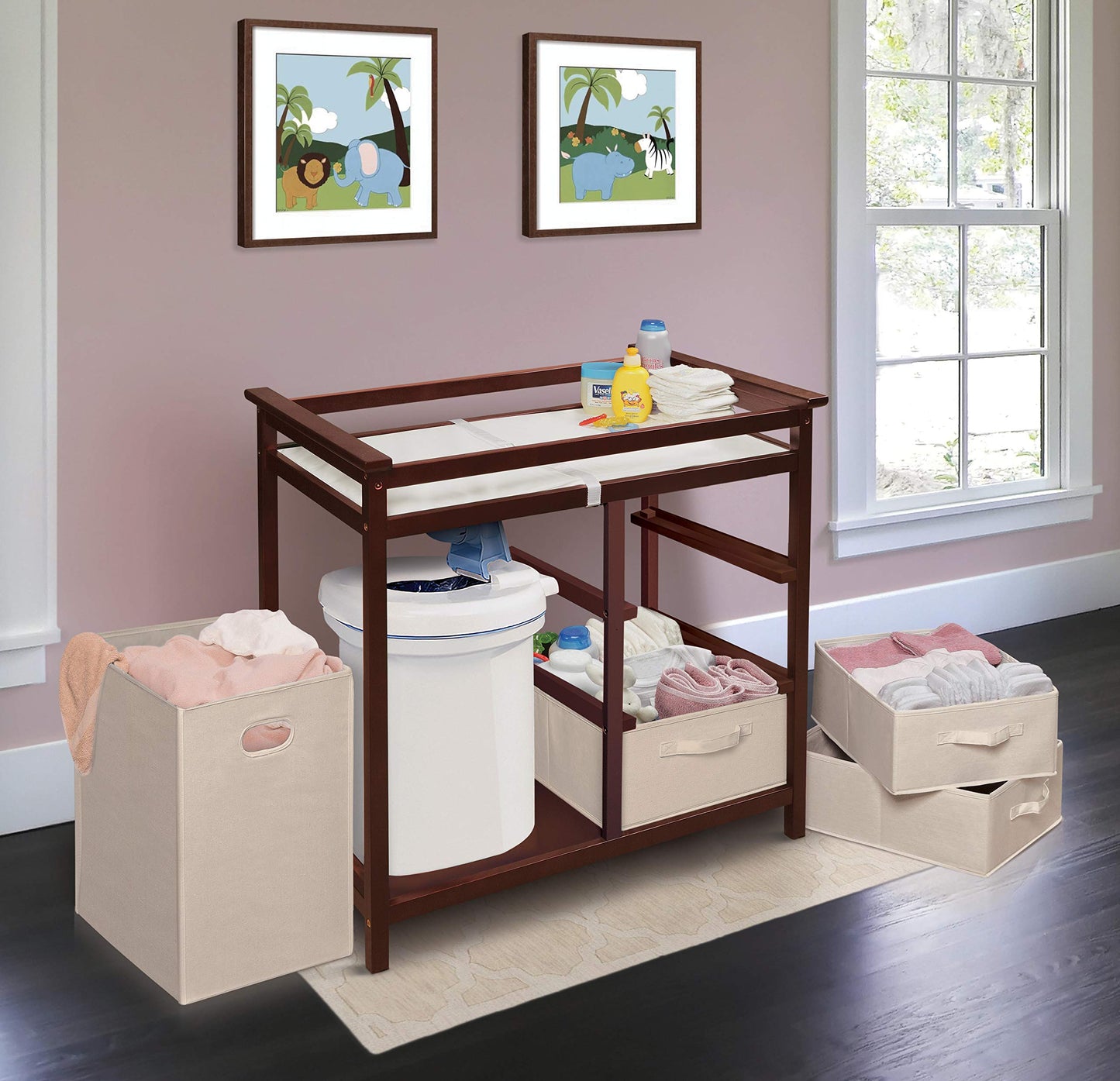 Badger Basket Modern Baby Changing Table - Portable Diaper Station with 3 Drawers Pad & Hamper - Storage Organizer for Baby Clothes, Diapers & Toys - Fresh White/White (34.25 x 20.75 x 34.5)