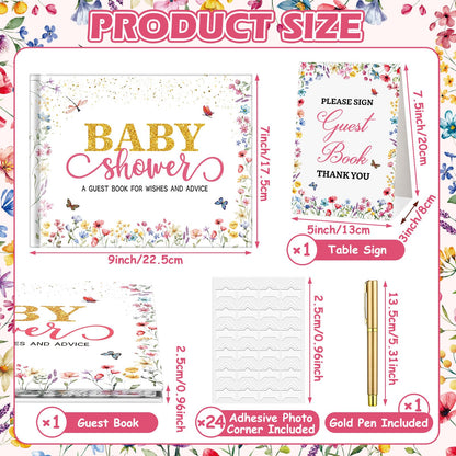 27 Pcs Butterfly Floral Baby Shower Guest Book Set Baby Shower Sign in Guest Floral Book Place Table Cards with Gold Pen Adhesive Photo Corner for Birthday Party