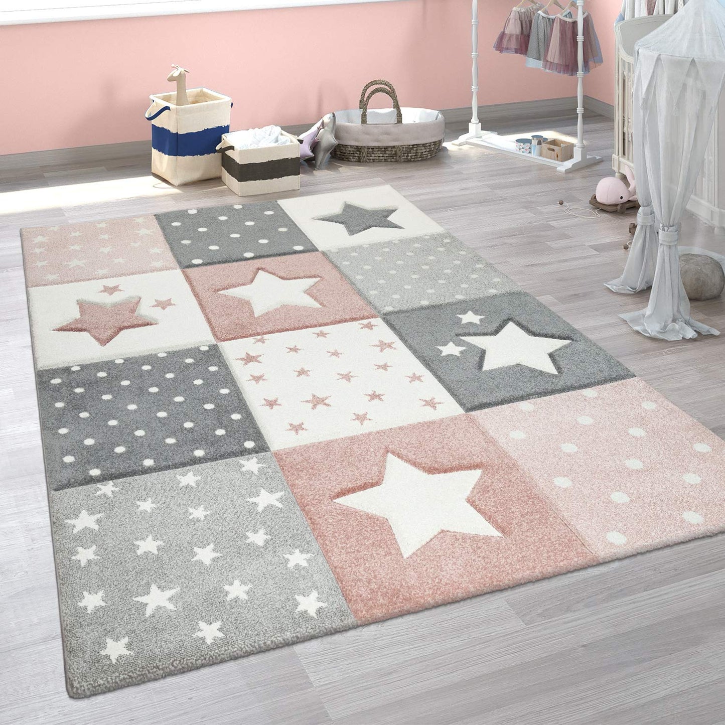 Paco Home Kids Rug for Nursery Checkered with Dots & Stars in Blue White Grey, Size: 3'11" Round