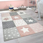 Paco Home Kids Rug for Nursery Checkered with Dots & Stars in Blue White Grey, Size: 3'11" Round