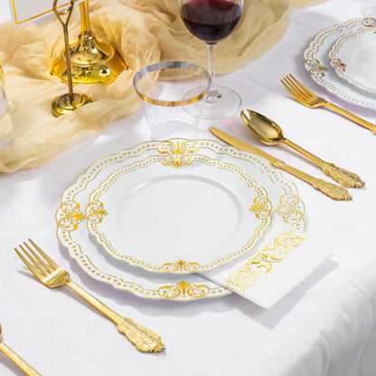 Ciaell 175 PCS White and Gold Plastic Plates - Fancy Gold Disposable Dinnerware Set with of 25 Dinner Plates, 25 Salad Plates, 25 Knives, 25 Forks, 25 Spoons, 25 Cups, 25 Napkins for Weddings Party
