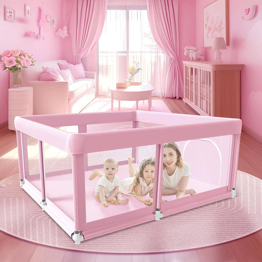 50" ×50" Baby Playpen, Baby Play Pen for Babies and Toddlers, Baby Playard for Indoor & Outdoor, Sturdy Safety Play Yard with Soft Breathable Mesh, Anti-Fall, Pink