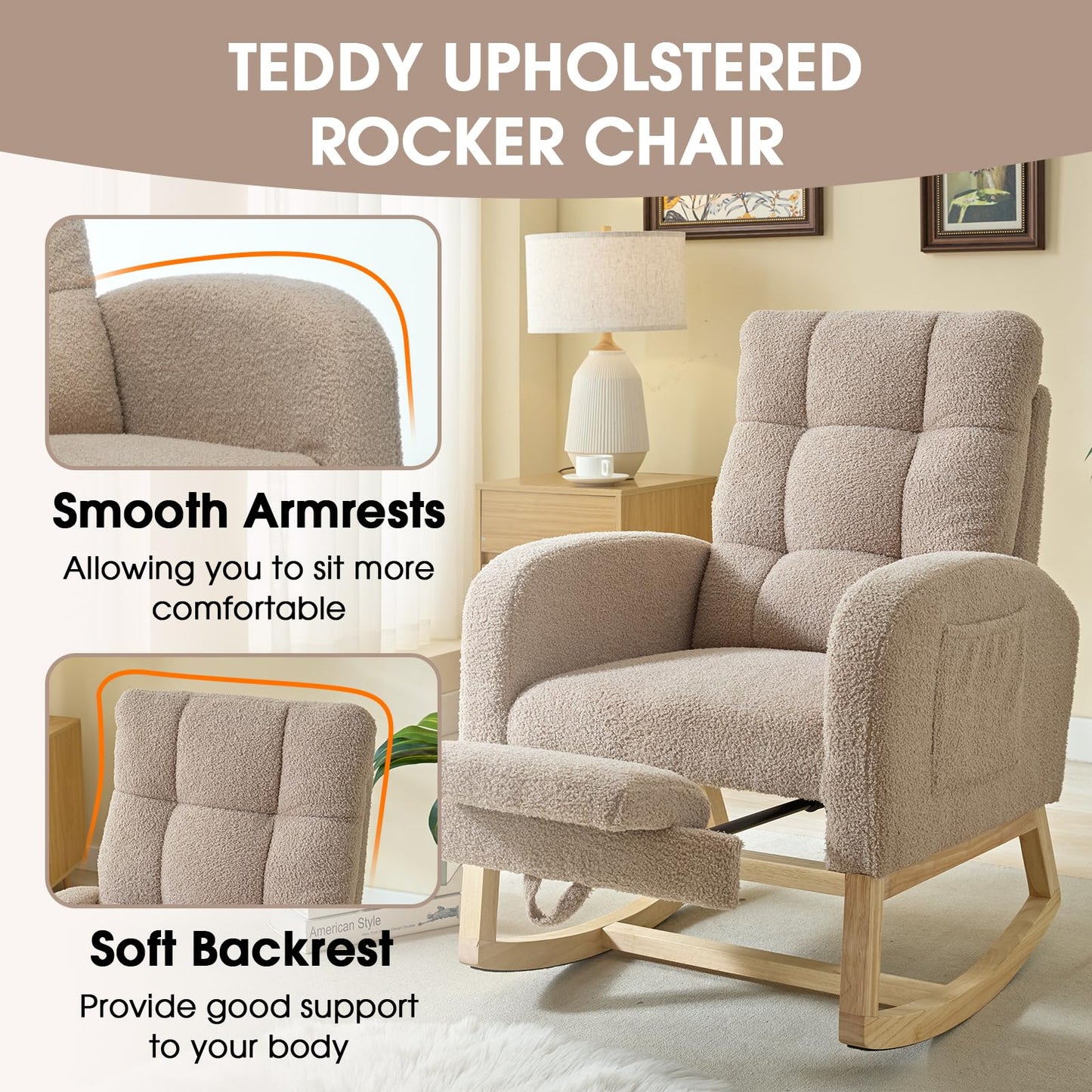 NIOIIKIT Modern Nursery Rocking Chair, Teddy Upholstered Rocking Chair with Footrest, Comfortable Glider Rocker with Side Pocket for Living Room, Bedroom, Nursing Room (Beige)
