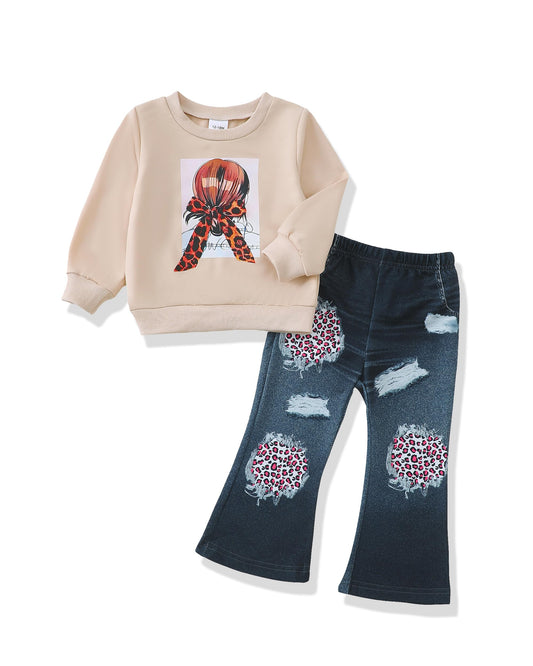 Renotemy Toddler Baby Girl Clothes Fall Winter Outfits Gifts Sweatshirt Bell Bottom Jeans Pants for 12Months-5 Year Girls