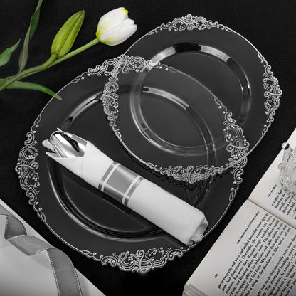 Morejoy 175PCS Rose Gold & Silver Plastic Dinnerware Set: 25 Plates, 25 Forks, 25 Knives, 25 Spoons, 25 Cups, 25 Napkins - Perfect for Wedding & Party