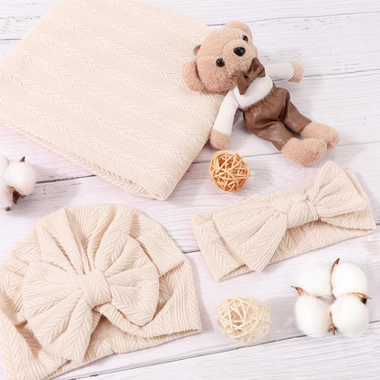 DRESHOW BQUBO Baby Swaddle Blankets for Girls, 4PCS Newborn Accessories Set with Matching Hat and Bow Headband with Card