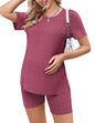 Ekouaer Maternity Sets 2 Piece Outfits Ribbed Knit Short Sleeve Shirts and Biker Shorts Pregnancy Loungewear Mama Clothes