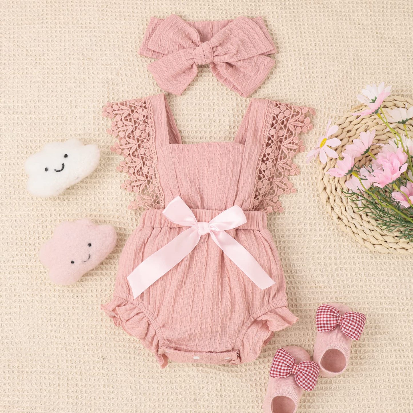 Newborn Baby Girl Lace Romper Ruffle Sleeveless Backless One Piece Jumpsuit Bodysuit with Headband Summer Clothes