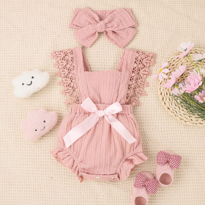 Newborn Baby Girl Lace Romper Ruffle Sleeveless Backless One Piece Jumpsuit Bodysuit with Headband Summer Clothes