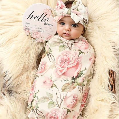 Galabloomer Newborn Receiving Blanket Headband Set Baby Flower Swaddle (vintage flower)