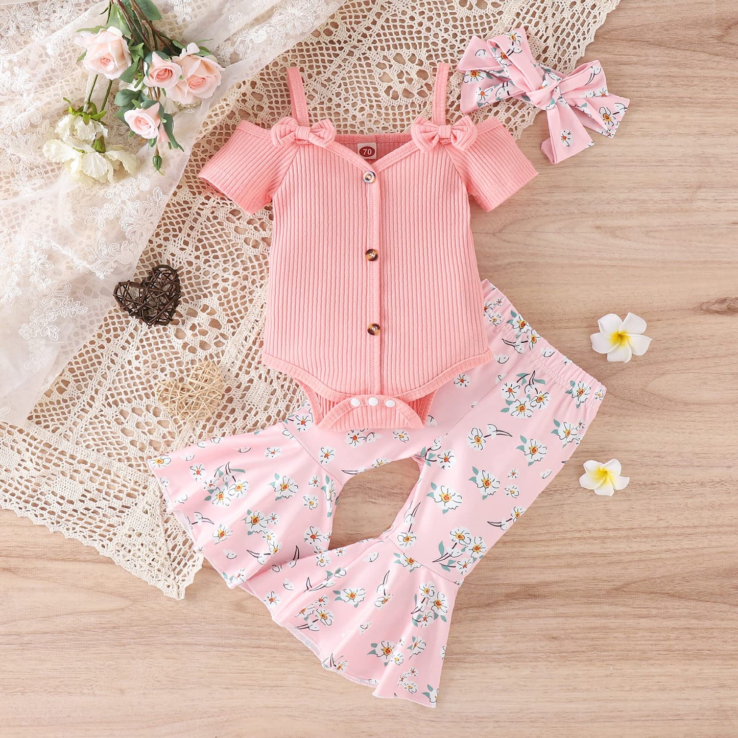 Fernvia Infant Baby Girl Clothes Suspenders Short Sleeve Ribbed Romper Flared Pants Set Headband 3pcs Summer Outfit