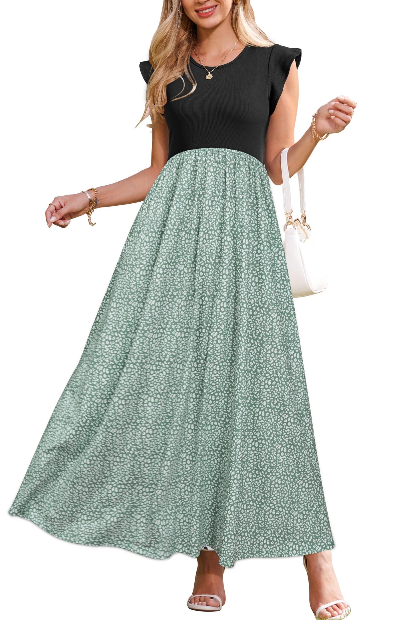 OUGES Women 2025 Spring Summer Dresses Maternity Sleeveless Ribbed Fashion Casual Outfits Maxi Dress with Pockets