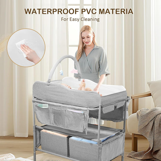 Baby Changing Table,Versatile Folding Changing Table,Waterproof/Foldable/Height Adjustable/Movable/with Silent Wheels/2 Drawers Diaper Changing Station,Mobile Nursery Organizer for Newborn Essentials