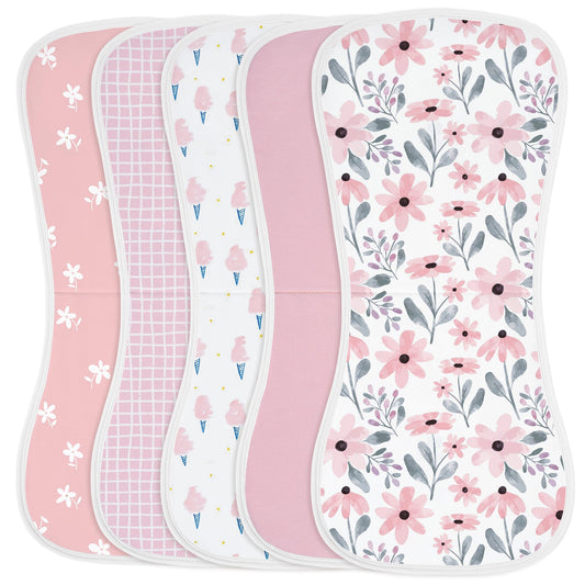 Yoofoss Baby Burp Cloths 5 Pack Burping Cloths for Babies Boys Girls Large 21''X10'' Extra Soft and Absorbent Flowers