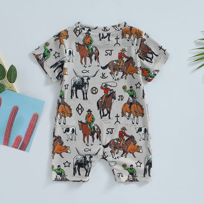Gueuusu Country Baby Clothes Boy Girl Western Cow Print Short Sleeve Romper Bodysuit Ribbed One Piece Jumpsuit Summer Outfit