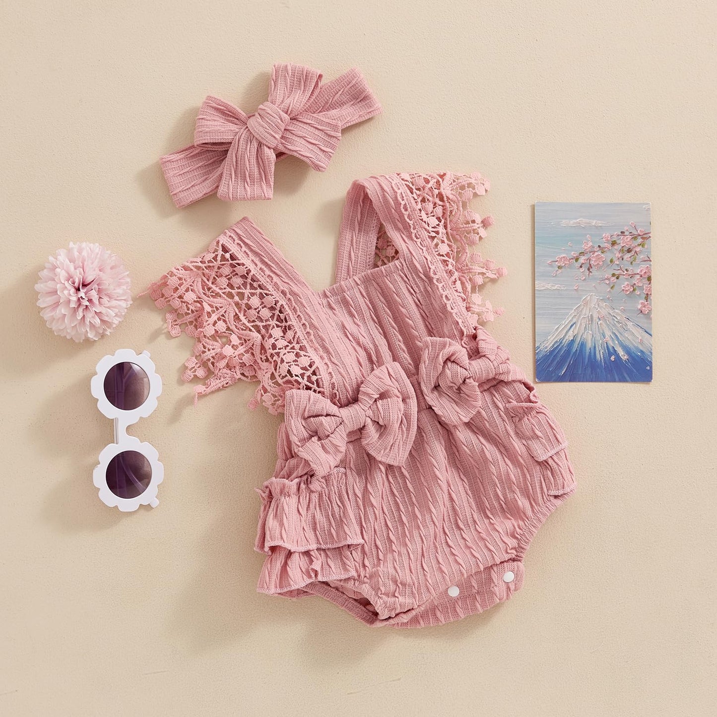 Newborn Baby Girl Lace Romper Ruffle Sleeveless Backless One Piece Jumpsuit Bodysuit with Headband Summer Clothes
