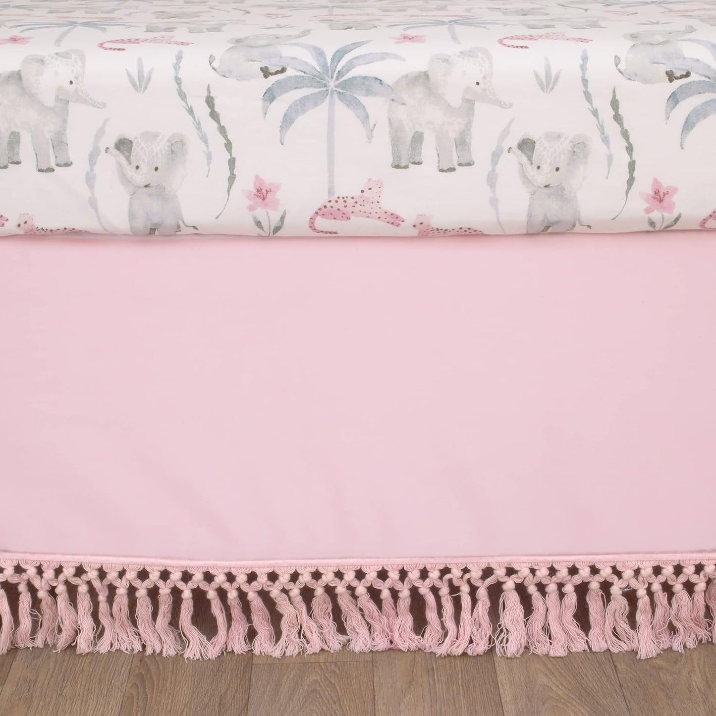 NoJo Tropical Princess Elephant/Jungle Pink and Green 4 Piece Crib Bedding Set - Comforter, Fitted Crib Sheet, Dust Ruffle and Storage