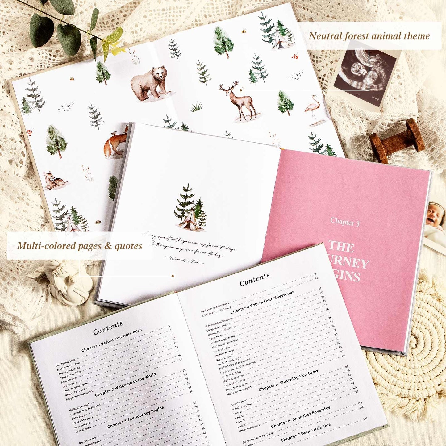 Lanpn Hello Baby Memory Book, Newborn First 5 Year Keepsake with DIY Window, Linen Baby Book Memories Journal Scrapbook Photo Book, Baby Milestone Album for Boy Girl New Parents (Beige, 154 Pages)