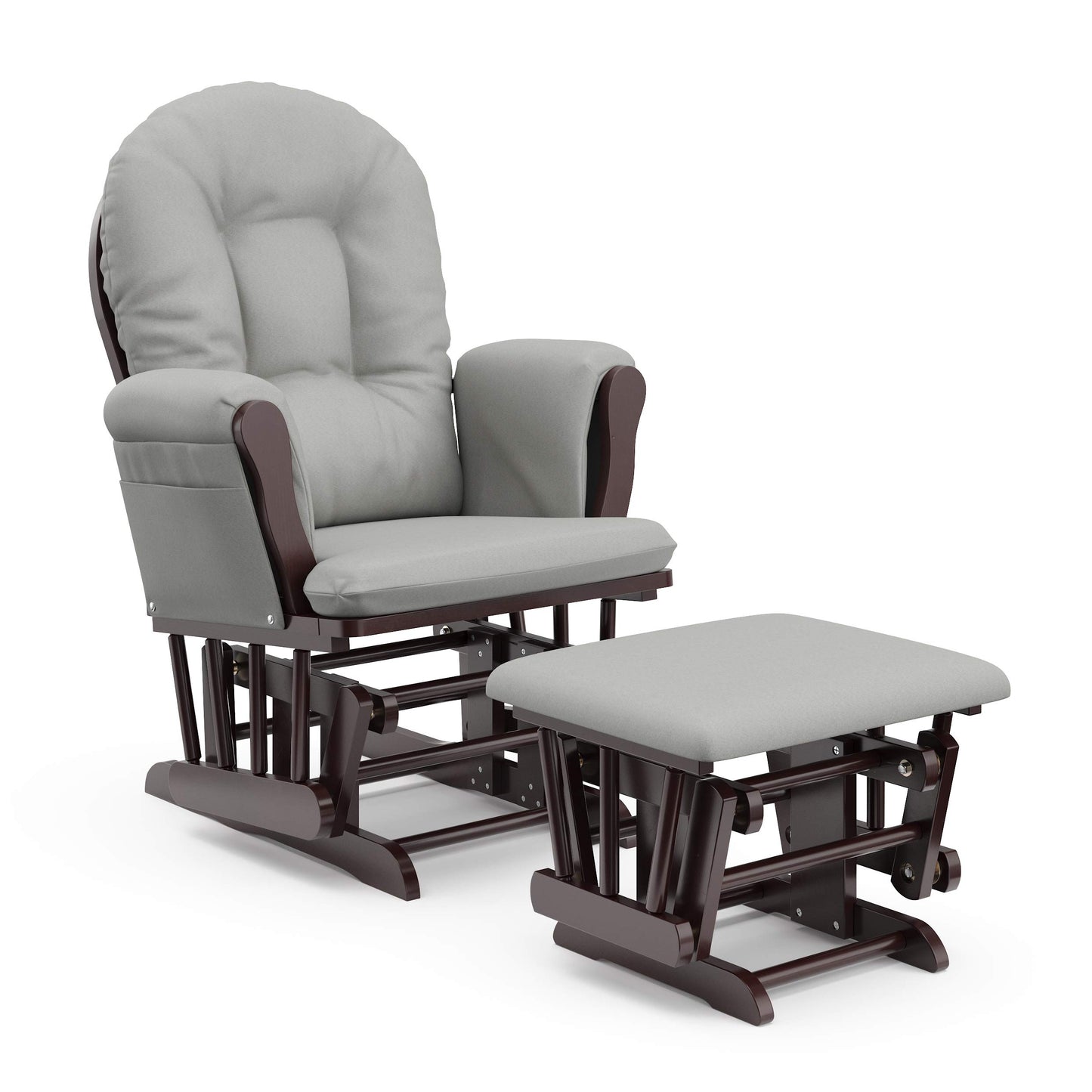 Storkcraft Premium Hoop Glider and Ottoman (Espresso Base, Gray Cushion) – Padded Cushions with Storage Pocket, Smooth Rocking Motion, Easy to Assemble, Solid Hardwood Base