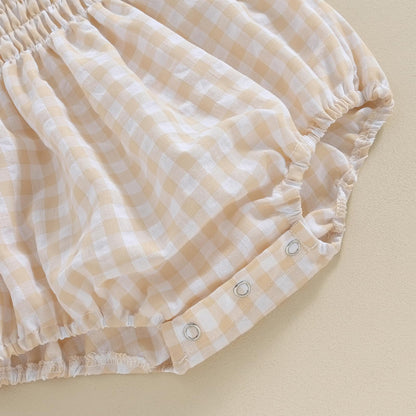 Infant Baby Girls Romper Ruffle Sleeve Pleated Smocked Bubble Plaid One Piece Ruched Jumpsuit Summer Bodysuit