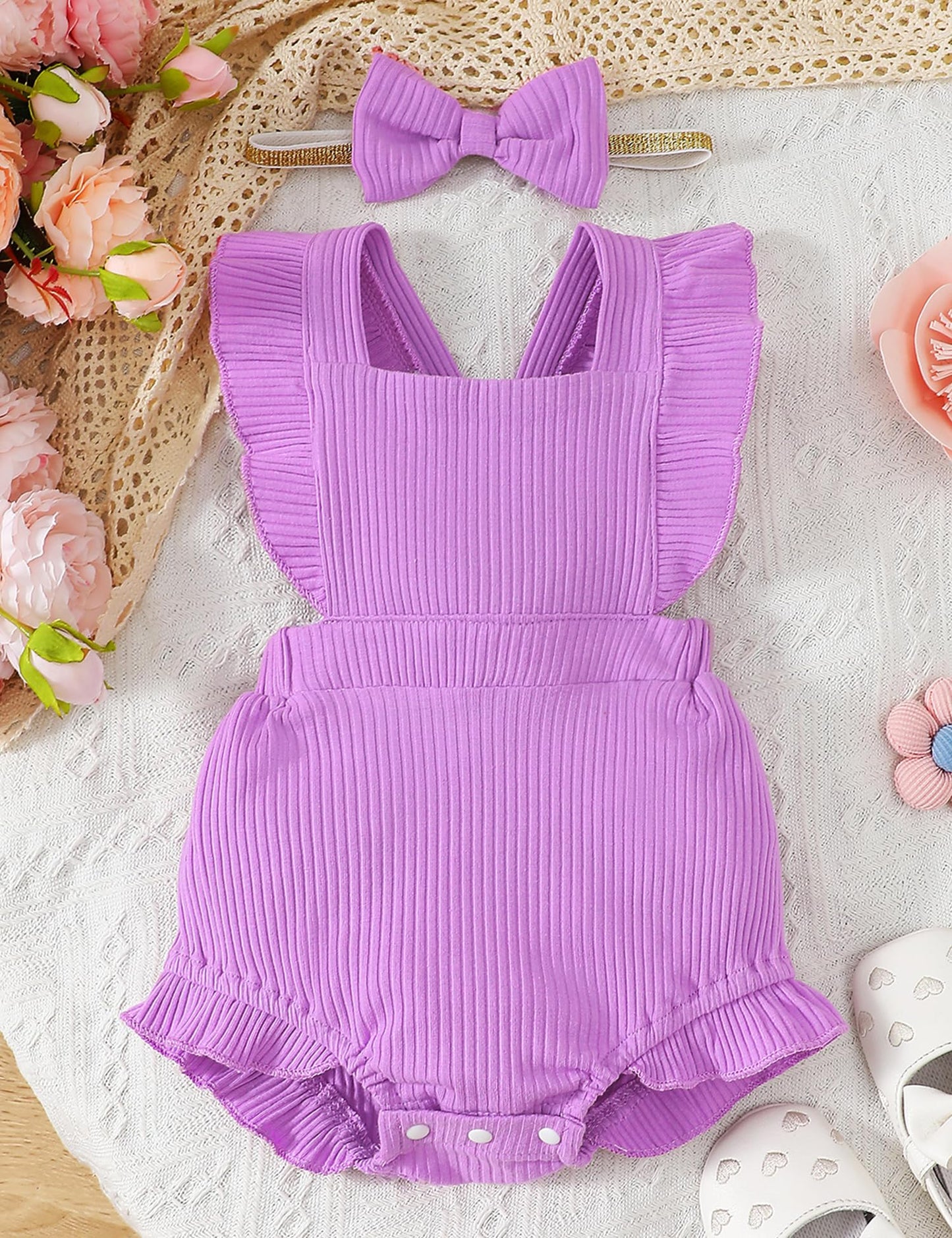 Fullfamous Baby Girl Ruffled Jumpsuit and Headband Set