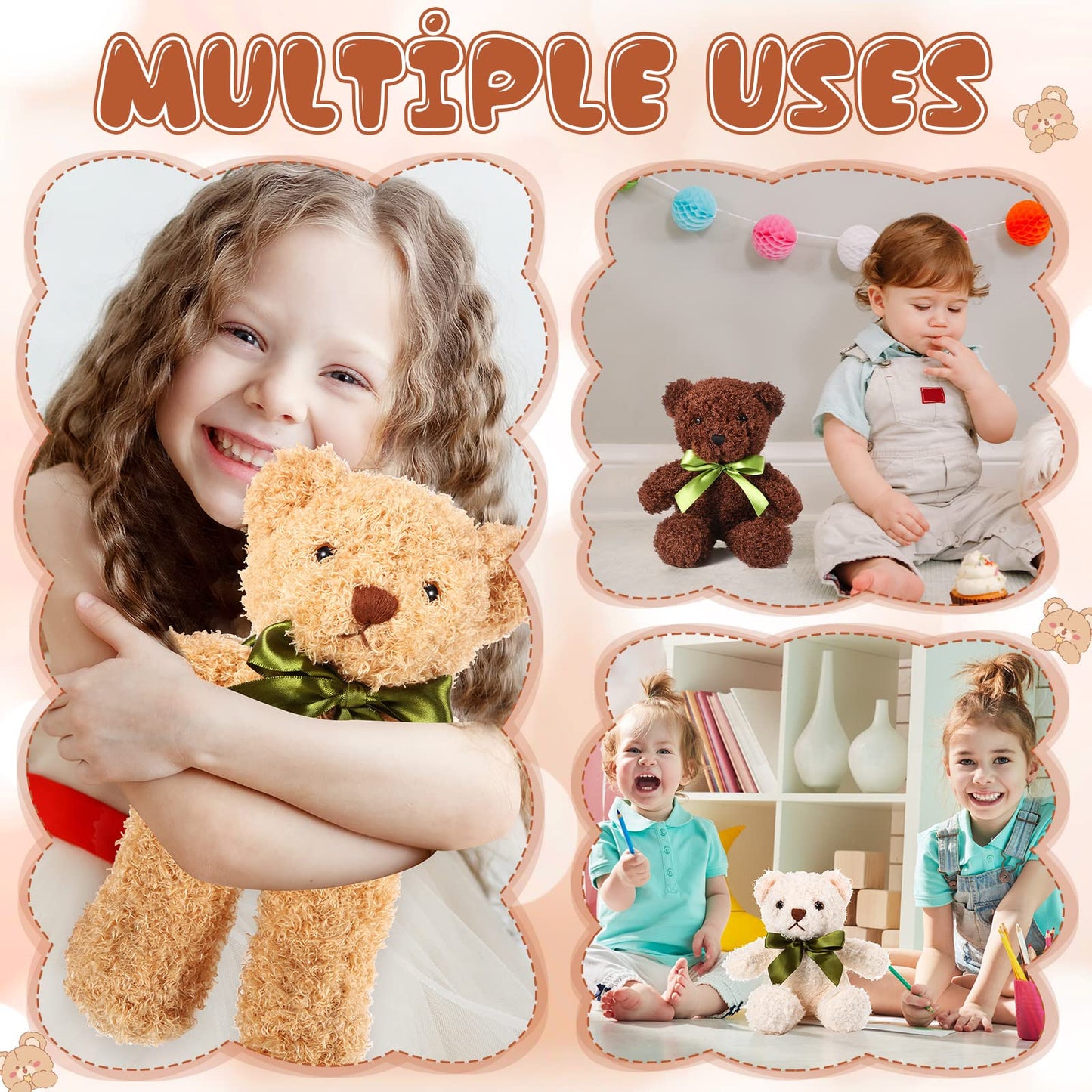 HyDren 6 Pcs Bear Stuffed Animal Plush Toys Soft Plush Dolls Bear Sleeping and Playing Toys for Baby Shower Decoration Boy(Fuzzy Style,Brown)