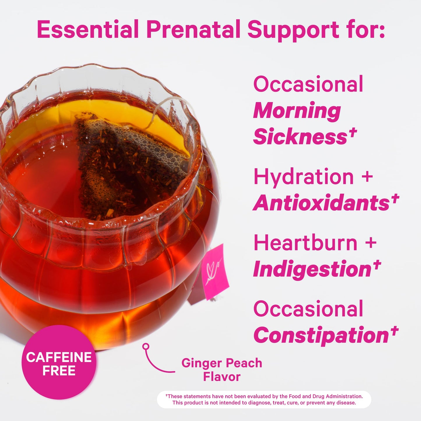 Pink Stork Organic Morning Sickness Pregnancy Tea - Hot or Iced Tea - Prenatal Heartburn, Indigestion, and Constipation Support - 1st Trimester Pregnancy Must Haves - Ginger Peach, 15 Sachets