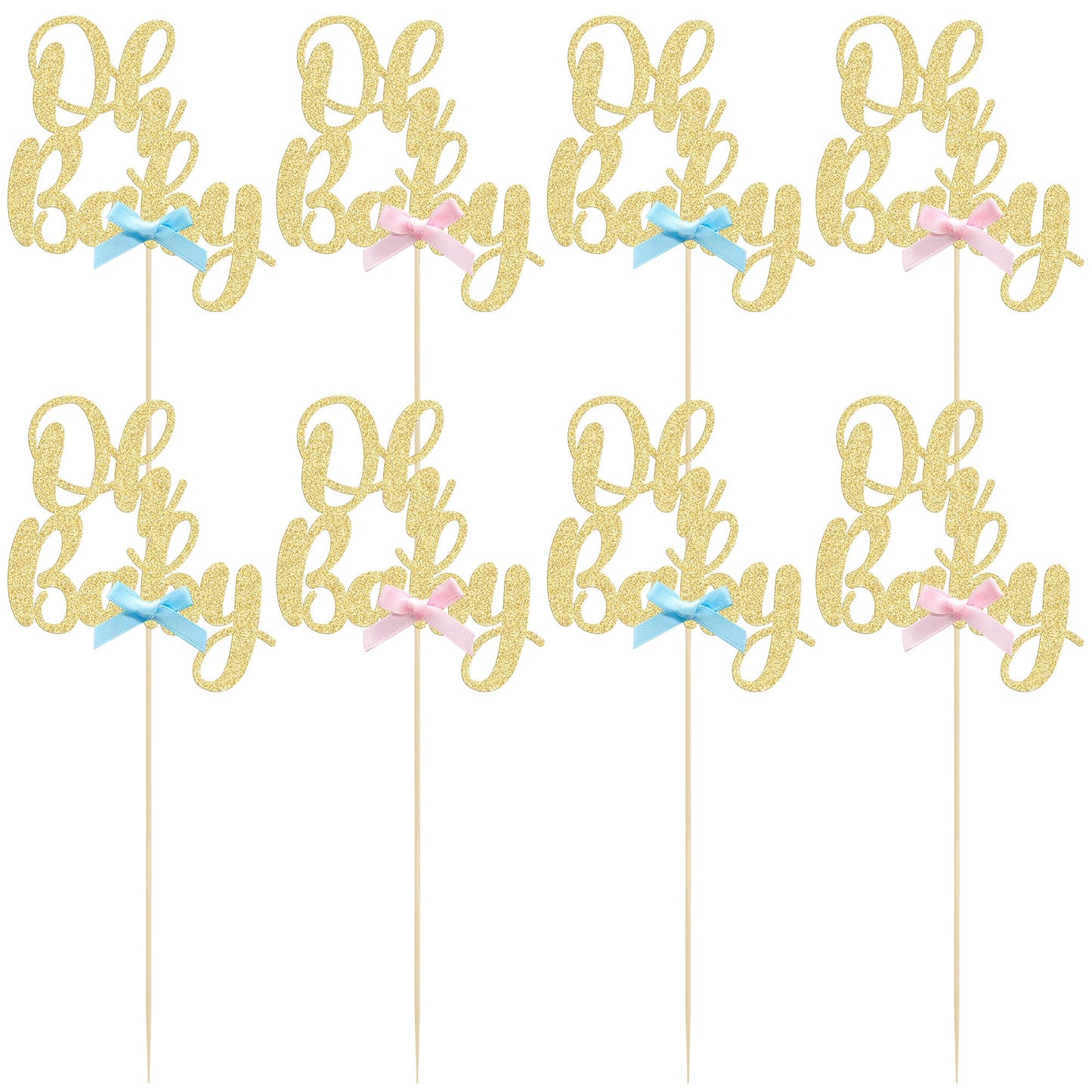 Gyufise 12Pcs Oh Baby Centerpiece Sticks Double Sided Blue Pink Bow Glitter Baby Shower Cupcake Picks Gender Reveal Table Flower Centerpieces for Baby Shower Birthday Party Supplies Gold