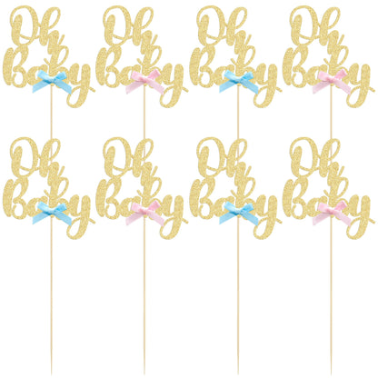 Gyufise 12Pcs Oh Baby Centerpiece Sticks Double Sided Blue Pink Bow Glitter Baby Shower Cupcake Picks Gender Reveal Table Flower Centerpieces for Baby Shower Birthday Party Supplies Gold
