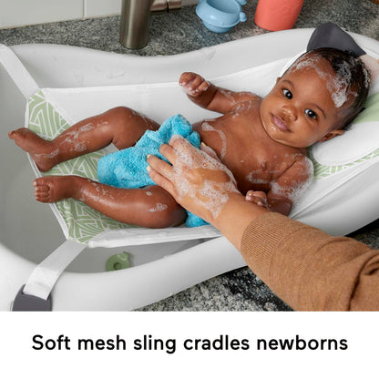 Fisher-Price Baby to Toddler Bath 4-in-1 Sling ‘n Seat Tub with Removable Infant Support and 2 Toys, Climbing Leaves