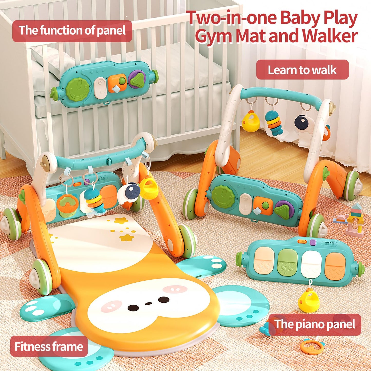 2 in 1 Baby Gym with Walker,Baby Play Mat with 4 Infant Learning Sensory,Double-Sided Multifunctional Removable Play Piano Panel,Sit-to-Stand Learning Walker for 0-24 Months Boy Girl [White]