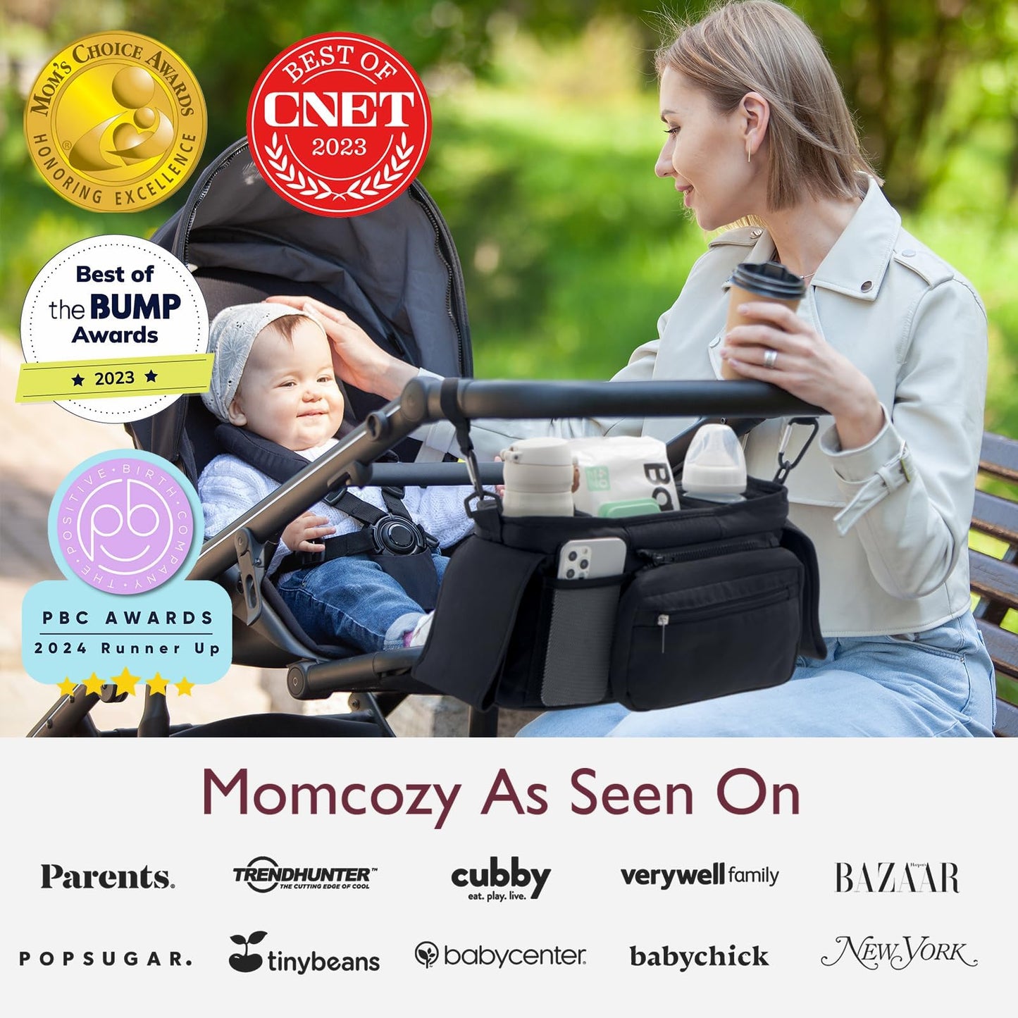 Momcozy Universal Stroller Organizer, 2 Insulated Cup Holders, Removable Zip Pocket, Adjustable Straps, Large Capacity Baby Essentials Compact Design, Fits Any Stroller (Multicolor)