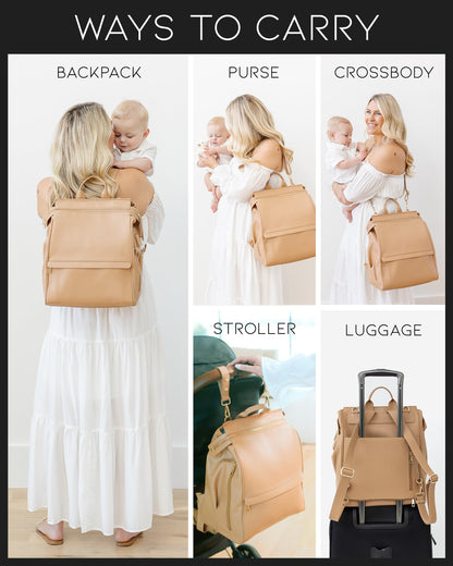 Leather Diaper Bag Backpack with USB Charging port, Changing Pad, Stroller Straps, and Bottle Holder (Brown Olivia)