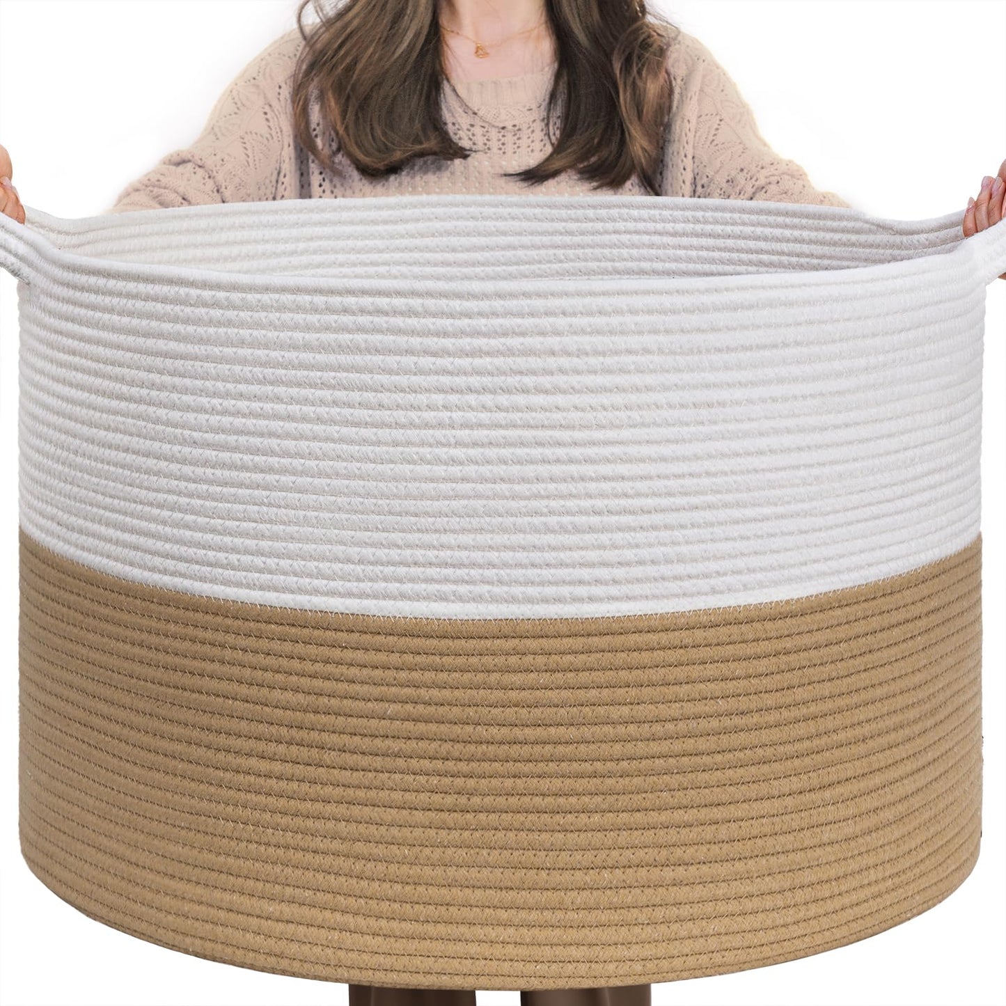 INDRESSME XXXLarge Cotton Rope Basket 21.7" x 21.7" x 13.8" Woven Baby Laundry Blanket Basket Toy Baskets with Handle Storage Comforter Cushions Thread Laundry Hamper