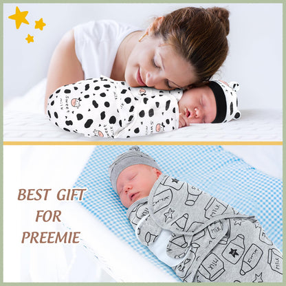 Buryeah 4 Pack Preemie Swaddle Blanket Wrap Set with Hat for Baby Boys Girls 3-7 Lbs Preemie Newborn Clothes Sleepers Cap